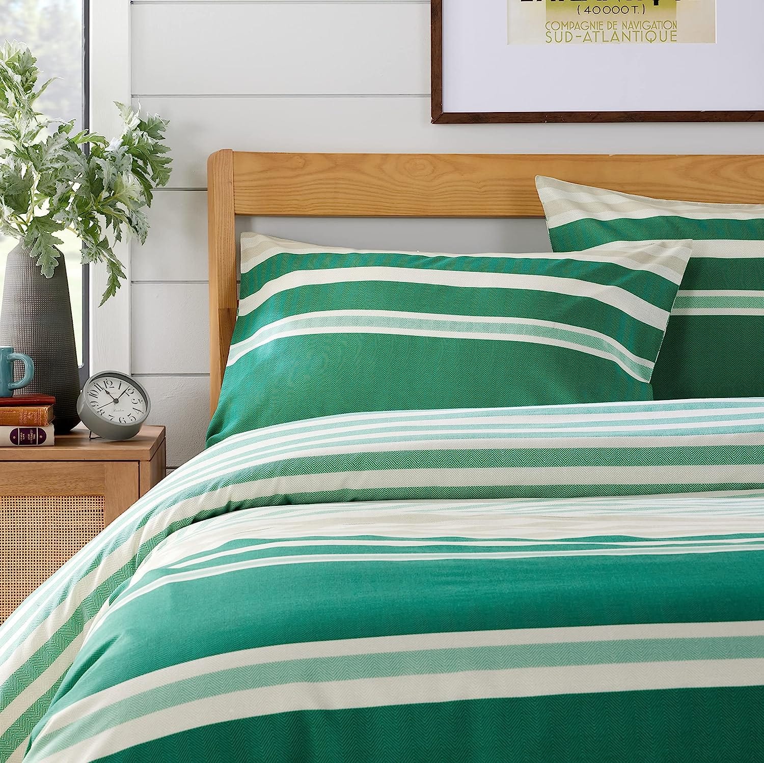 Miami Stripes Reversible Duvet Cover Set Hypoallergenic High-Quality Cotton Blend Bedding Available in Grey Natural Green Multiple Sizes