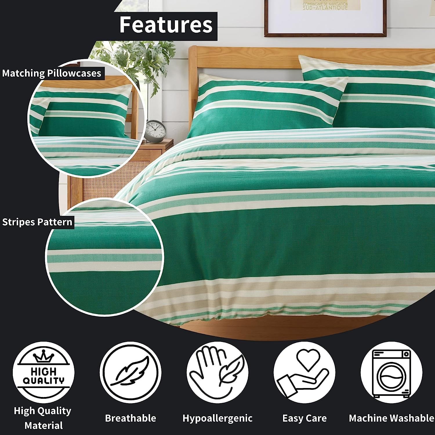 Miami Stripes Reversible Duvet Cover Set Hypoallergenic High-Quality Cotton Blend Bedding Available in Grey Natural Green Multiple Sizes