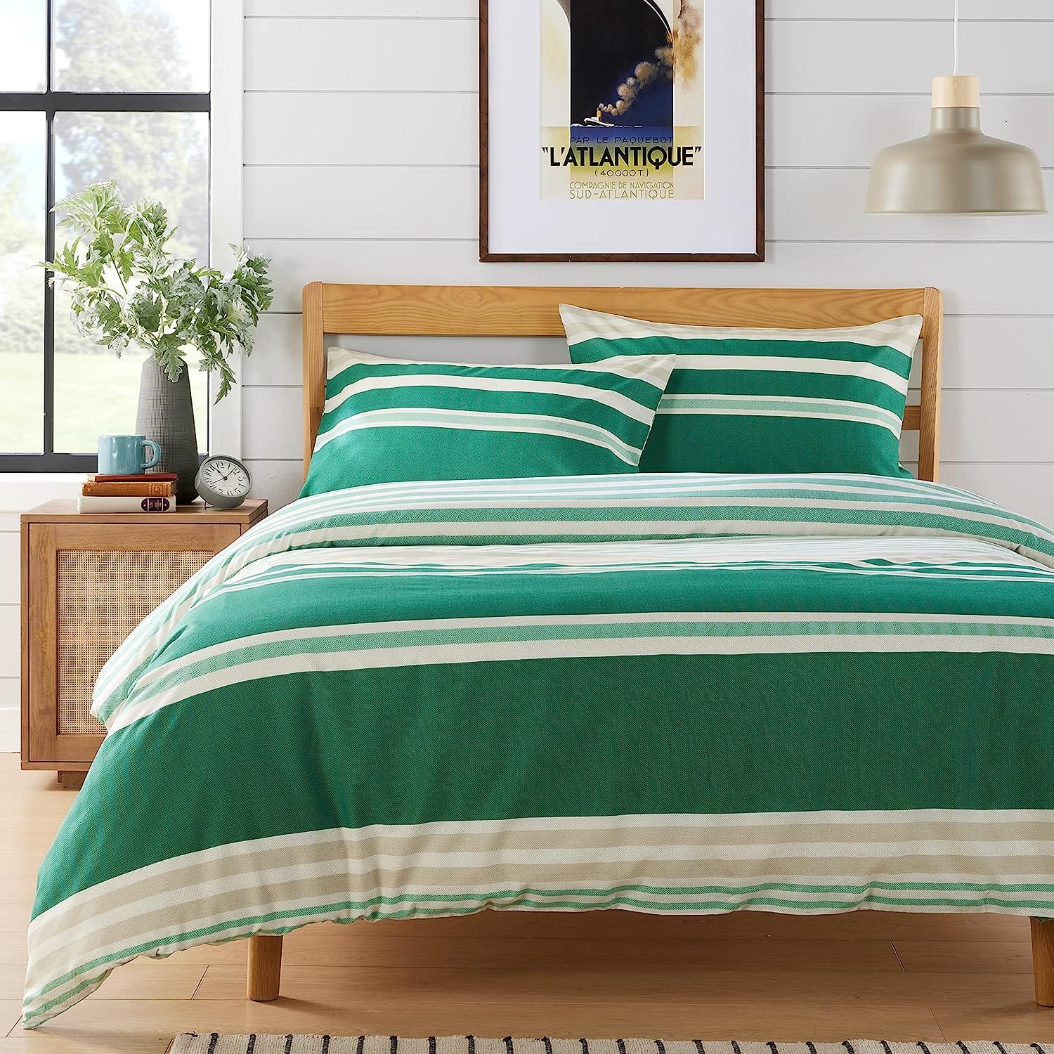 Miami Stripes Reversible Duvet Cover Set Hypoallergenic High-Quality Cotton Blend Bedding Available in Grey Natural Green Multiple Sizes
