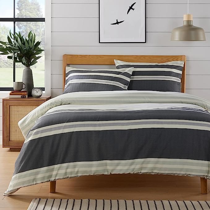 Miami Stripes Reversible Duvet Cover Set Hypoallergenic High-Quality Cotton Blend Bedding Available in Grey Natural Green Multiple Sizes