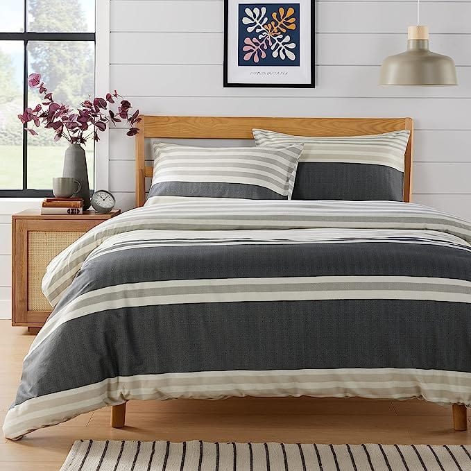 Miami Stripes Reversible Duvet Cover Set Hypoallergenic High-Quality Cotton Blend Bedding Available in Grey Natural Green Multiple Sizes