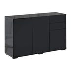 Black high-gloss side cabinet with two doors and two push-open drawers, modern low profile