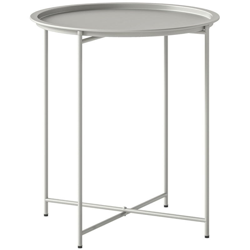White steel garden table with round removable tray and four straight legs