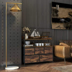 Rustic storage chest with five fabric drawers and open shelves, dark metal frame