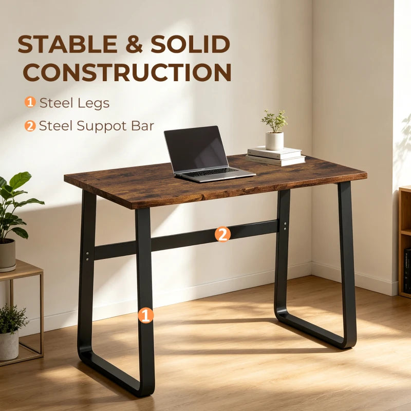 Industrial writing desk with steel legs and cross support bar