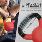 Red 10 kg soft kettlebell with wide smooth black handle, side angle