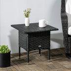 Black woven side table with square tabletop and crosswoven side panels