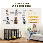 Black foldable dog crate with caster wheels, viewed indoors with dog resting nearby