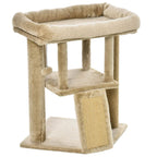 Brown cat tree tower with plush top bed, lower platform, and rectangular jute scratching pad