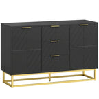 Black sideboard cabinet with 3 doors, geometric pattern, and gold bar handles on legs
