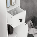 White bathroom cabinet with open drawer showing bottles and containers on inner shelves.