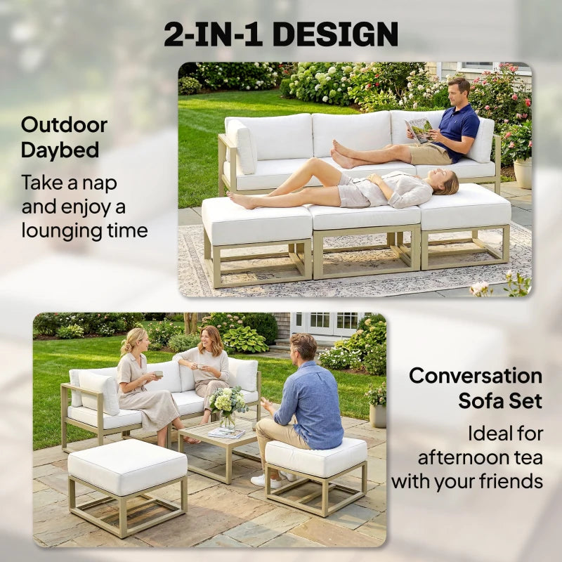 Cream outdoor daybed sofa set with cushions for lounging, 2-in-1 style