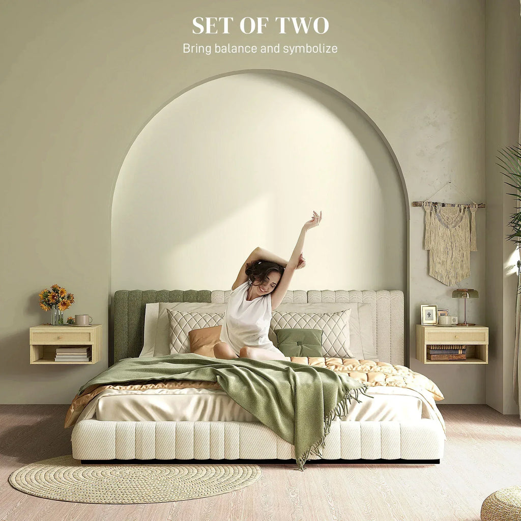 Set of Two Rattan Panel Floating Bedside Tables - Wood-Effect - Bobobiy