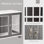 Grey wooden dog crate with white bars and secure metal lock detail
