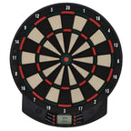 Electronic dartboard set with black board, red scoring rings, and LED score display base