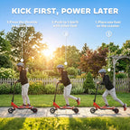 Red electric kids scooter with RGB light strip while a child rides