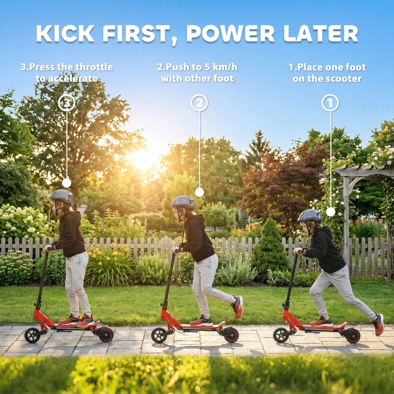 Red electric kids scooter with RGB light strip while a child rides