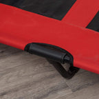 Close-up of red elevated dog cot leg with black reinforced edge and straps