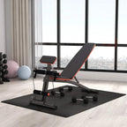 Adjustable incline weight bench with red-trim backrest, black pads, and foot/ankle supports