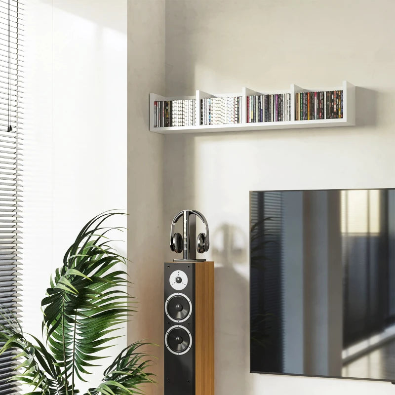 White wall-mounted media shelf with four cubbies, showing disc storage capacity