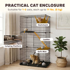 Indoor black 3-tier cat cage with hammock and soft mat, kitten sitting inside