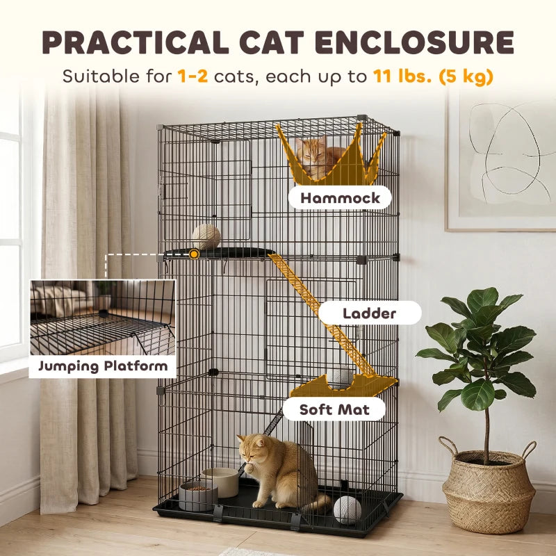 Indoor black 3-tier cat cage with hammock and soft mat, kitten sitting inside