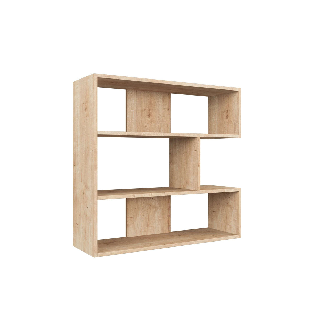 Light oak modern bookcase display unit with open shelves and central divider
