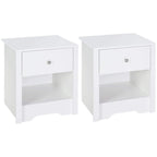 White bedside table with drawer and open shelf, corner view.