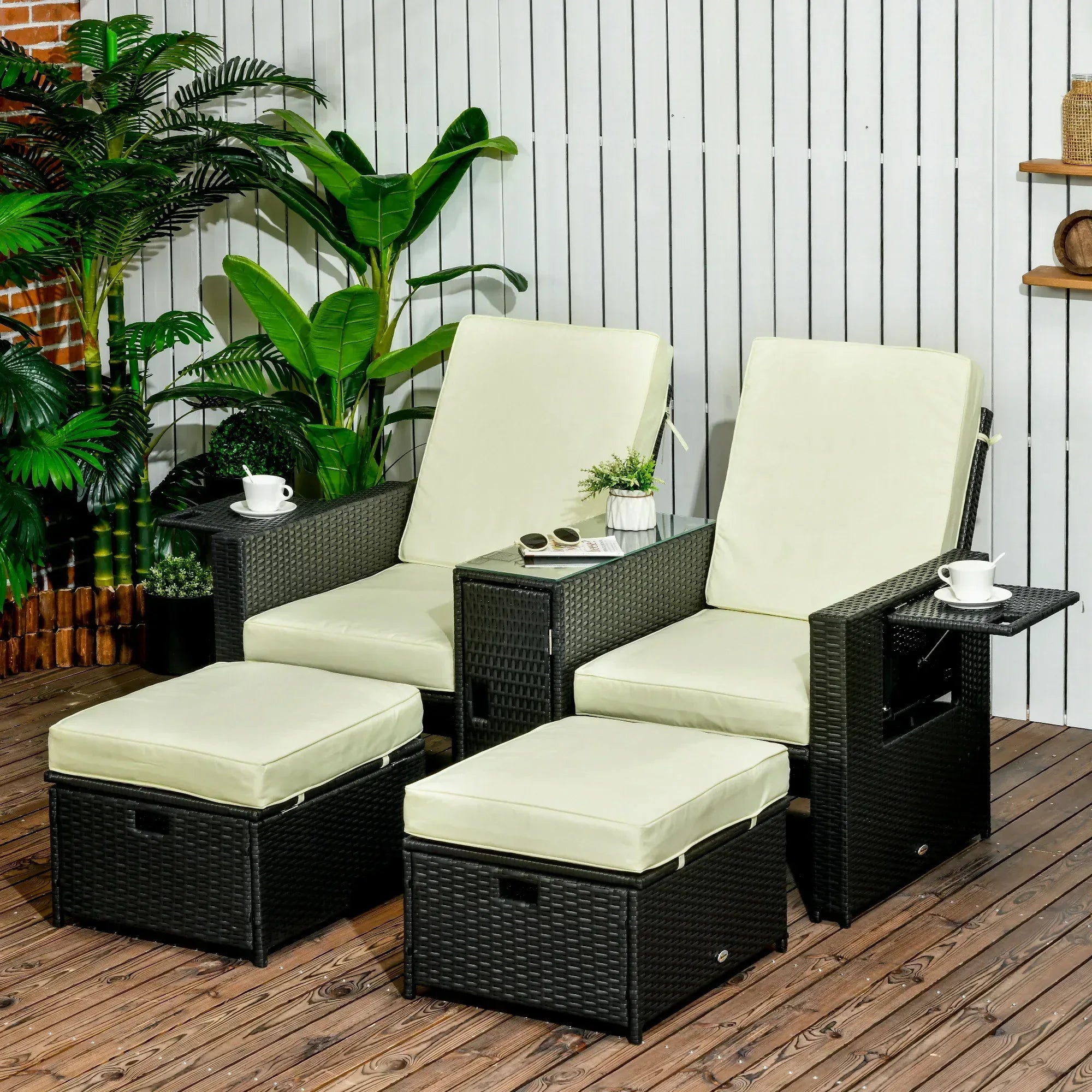 5PC PE Rattan Sun Lounger, Outdoor Wicker 5-level Adjustable Recliner Sofa Bed with Storage Side Table and Footstools, for Patio, Garden, Poolside, Black - Bobobiy