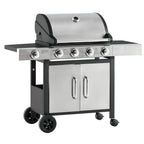 Gas barbecue grill trolley with stainless hood, control knobs, and double storage doors