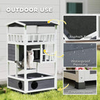 White three-level cat shelter with dark grey waterproof roof and elevated base on legs.