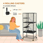 Charcoal grey rolling small animal cage on four caster wheels with ramp