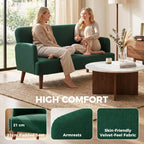 Dark green velvet-feel 2-seater sofa with thick padded seat and wooden legs