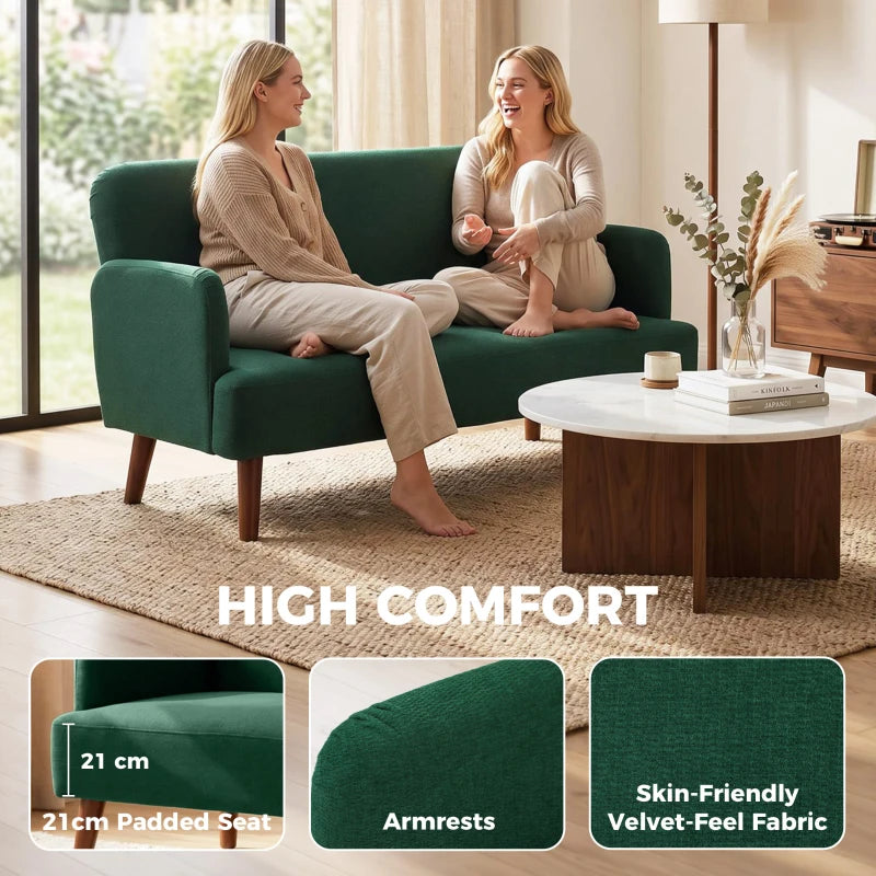 Dark green velvet-feel 2-seater sofa with thick padded seat and wooden legs