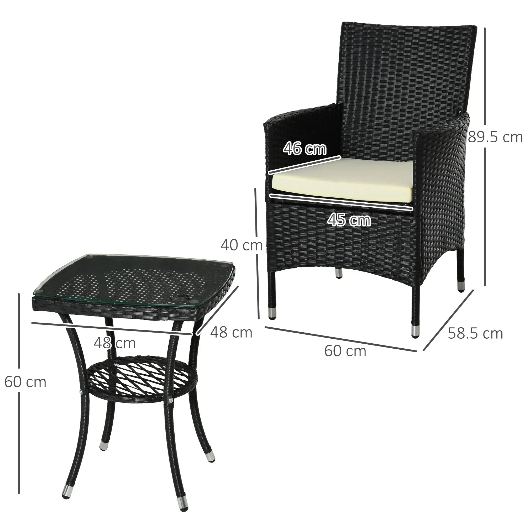 3 Pieces Rattan Bistro Set, Wicker Garden Furniture Set with 2-Tier Coffee Table and Chairs, Cushions, for Outdoor Patio Balcony, Black - Bobobiy