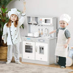 Kids wooden toy kitchen set with stove, sink, and faucet, with children pretending to cook