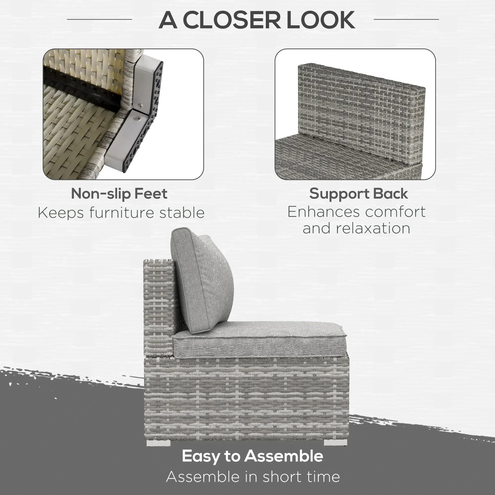 Outdoor PE Rattan Furniture with Cushions, Garden Armless Chair with Adjustable Footpads and Back Support Cushion, for Garden, Yard, Terrace, Light Grey - Bobobiy