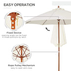 Off-white garden parasol with wooden pole and rope pulley mechanism for easy opening