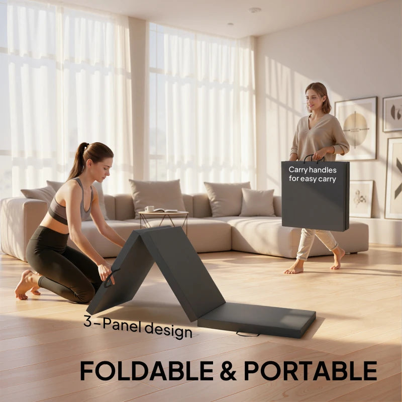 Grey tri-fold exercise mat with three folded panels, used for home training
