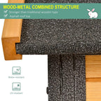 Weather-resistant wood and metal corner detail on elevated pet hutch roof panel