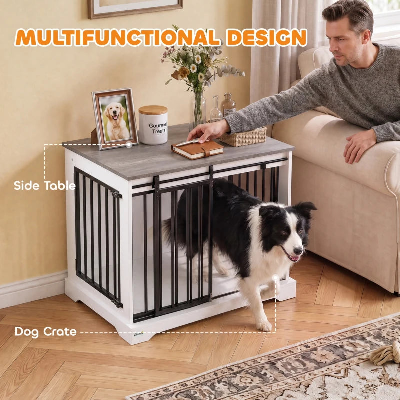 White dog crate with black bars and flat top, side table use, dog near open doorway