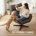 Dark brown upholstered swivel chair with broad arms and cushioned seat