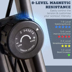 8-level magnetic resistance dial on exercise bike with tension control knob