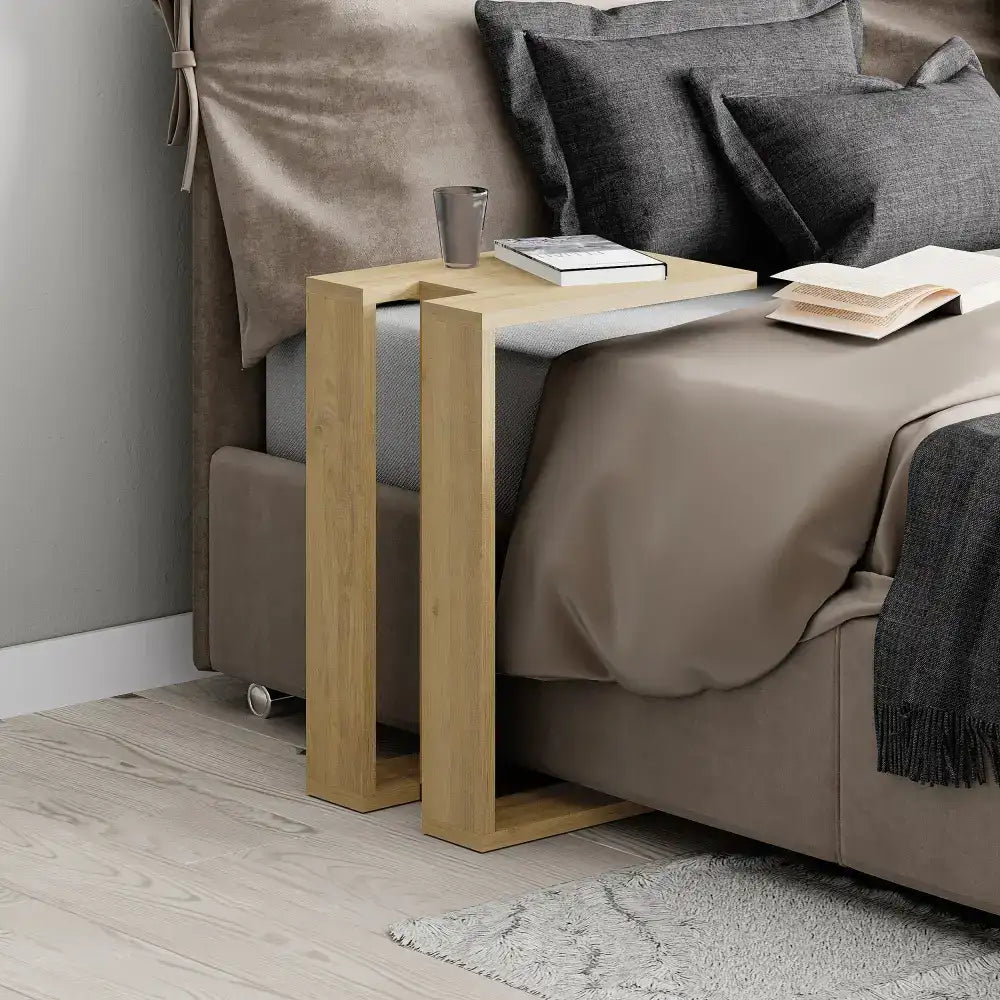 Oak C-shape side table with rectangular top, designed for multipurpose use