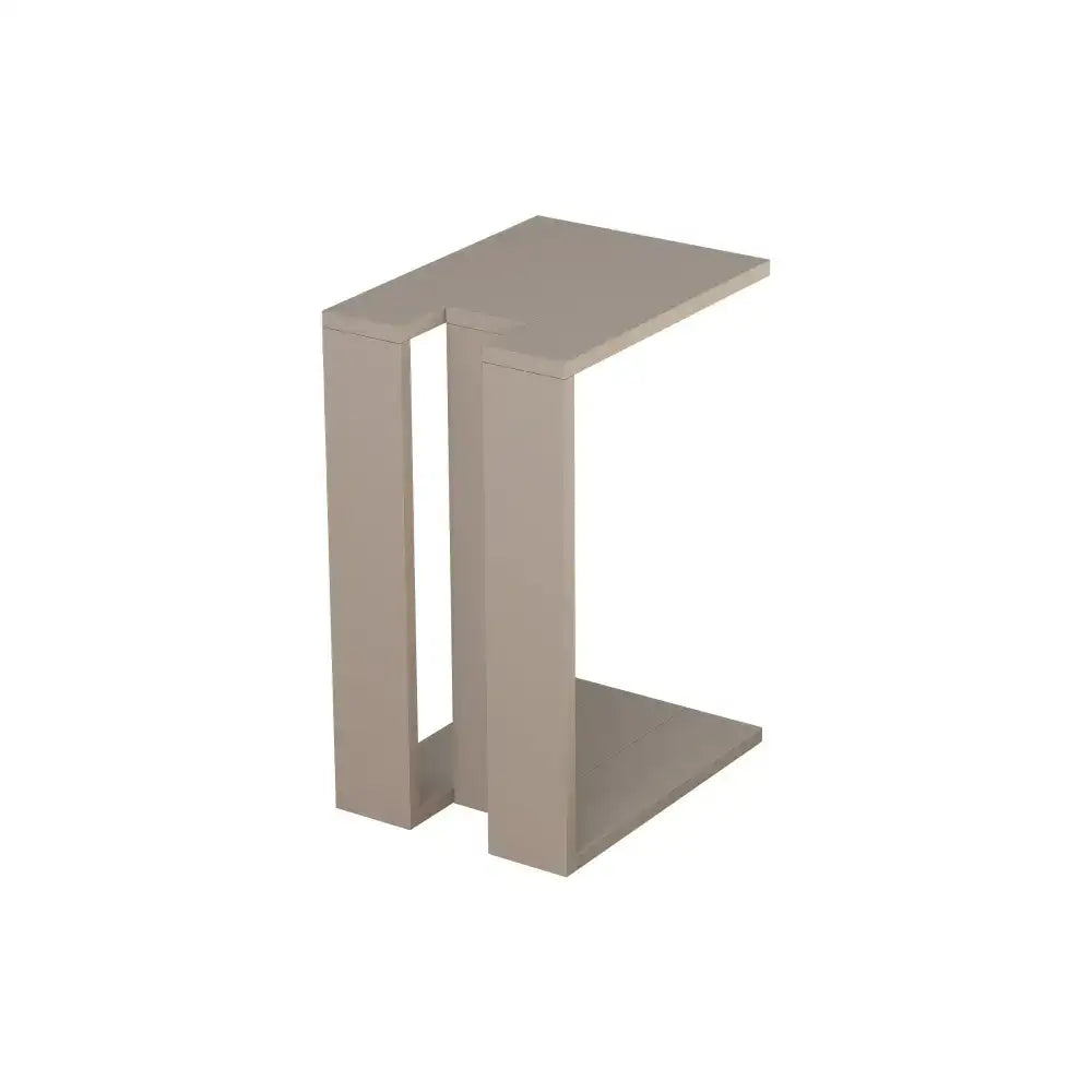 Taupe and light gray C-shaped side table with open lower shelf