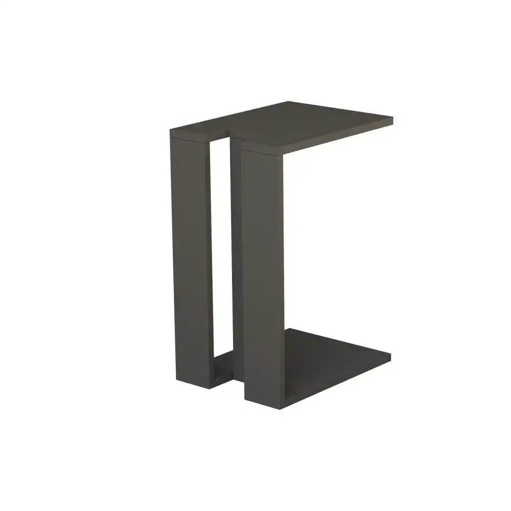 Dark gray C-shaped side table with open lower shelf