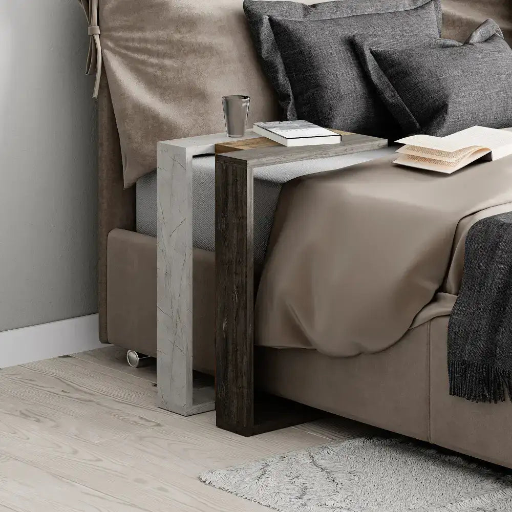 C-shaped side table with light and dark marble-look panels, multipurpose side table
