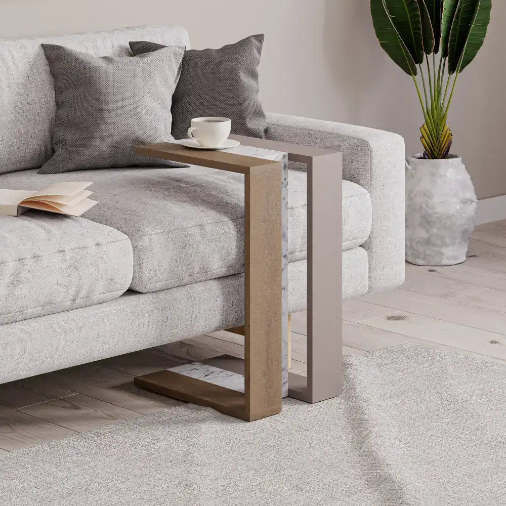 Two-tone C-shaped side table with light wood frame and brown inner shelf