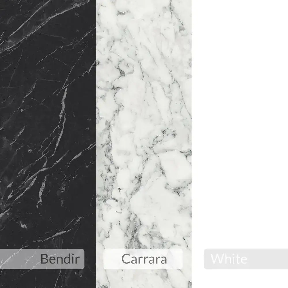 Marble-look finish swatches: dark, Carrara white, and white options