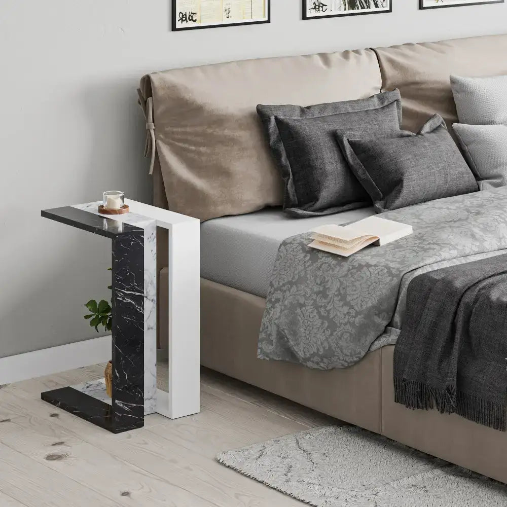 C-shaped side table with dark marble-look top and light frame, multipurpose height 57cm
